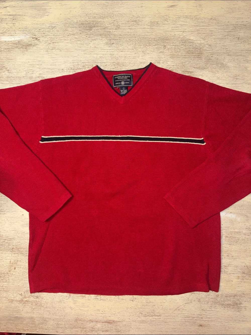 Vintage Y2K American Eagle Outfitters Red V-Neck Sweater Chest Stripe Size L
